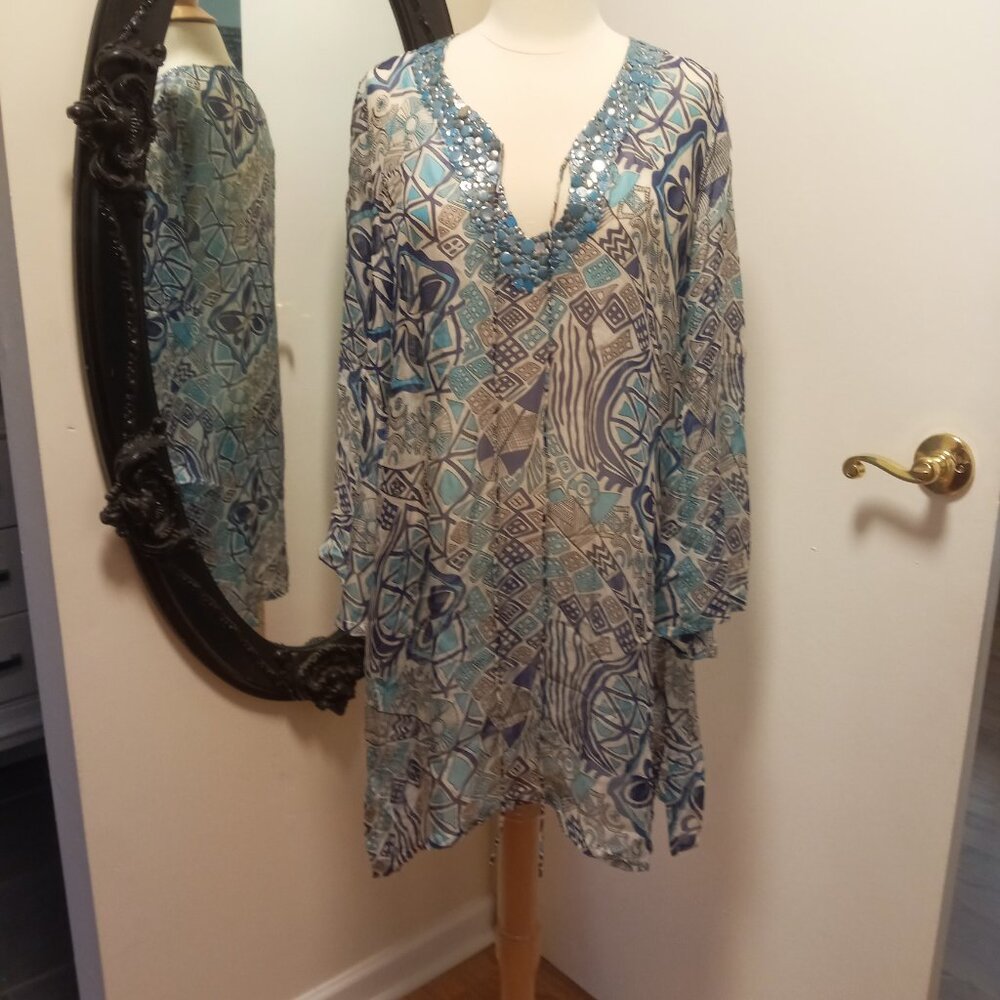 AZI Sheer Jeweled Sheer Silk Tunic Coverup sz M. /B3